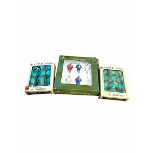 3 Vtg Boxes Pyramid Unbreakable Green & Holiday Time Glass Ornaments